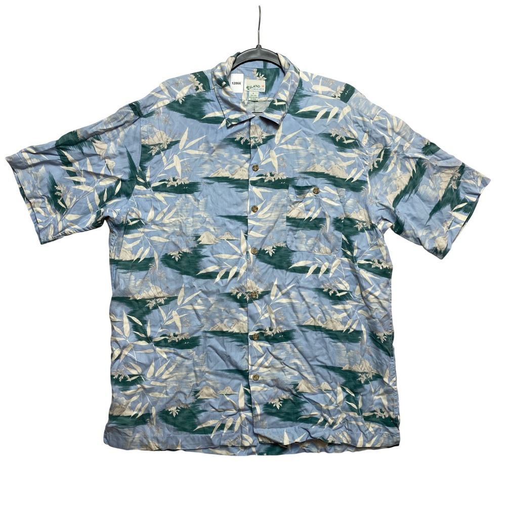 Island Waves Shirt Mens L Blue Tropical Silk Button Down Camp Short Sleeve 12866
